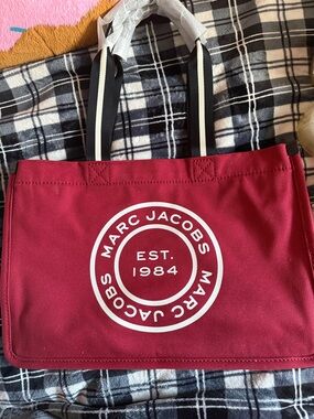 Marc Jacobs Red Canvas Logo Tote with Striped Handles